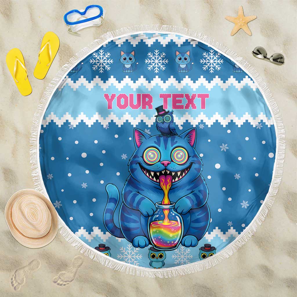 Personalized Trippy Catmas Beach Blanket Cute Blue Derpy Cat and Owl Companion - Wonder Print Shop
