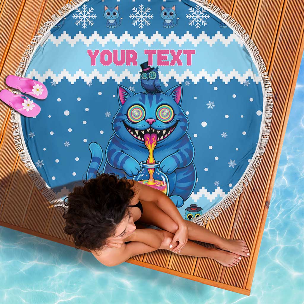 Personalized Trippy Catmas Beach Blanket Cute Blue Derpy Cat and Owl Companion - Wonder Print Shop