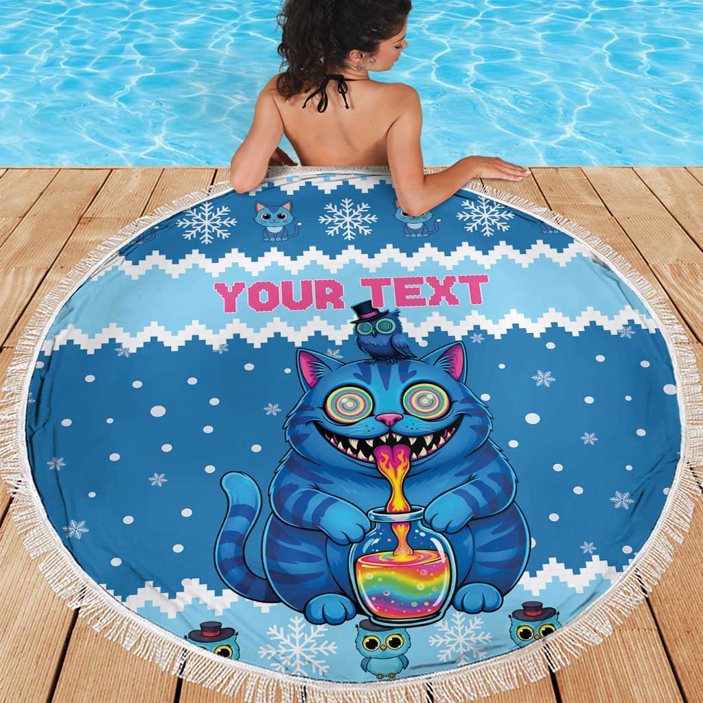 Personalized Trippy Catmas Beach Blanket Cute Blue Derpy Cat and Owl Companion - Wonder Print Shop