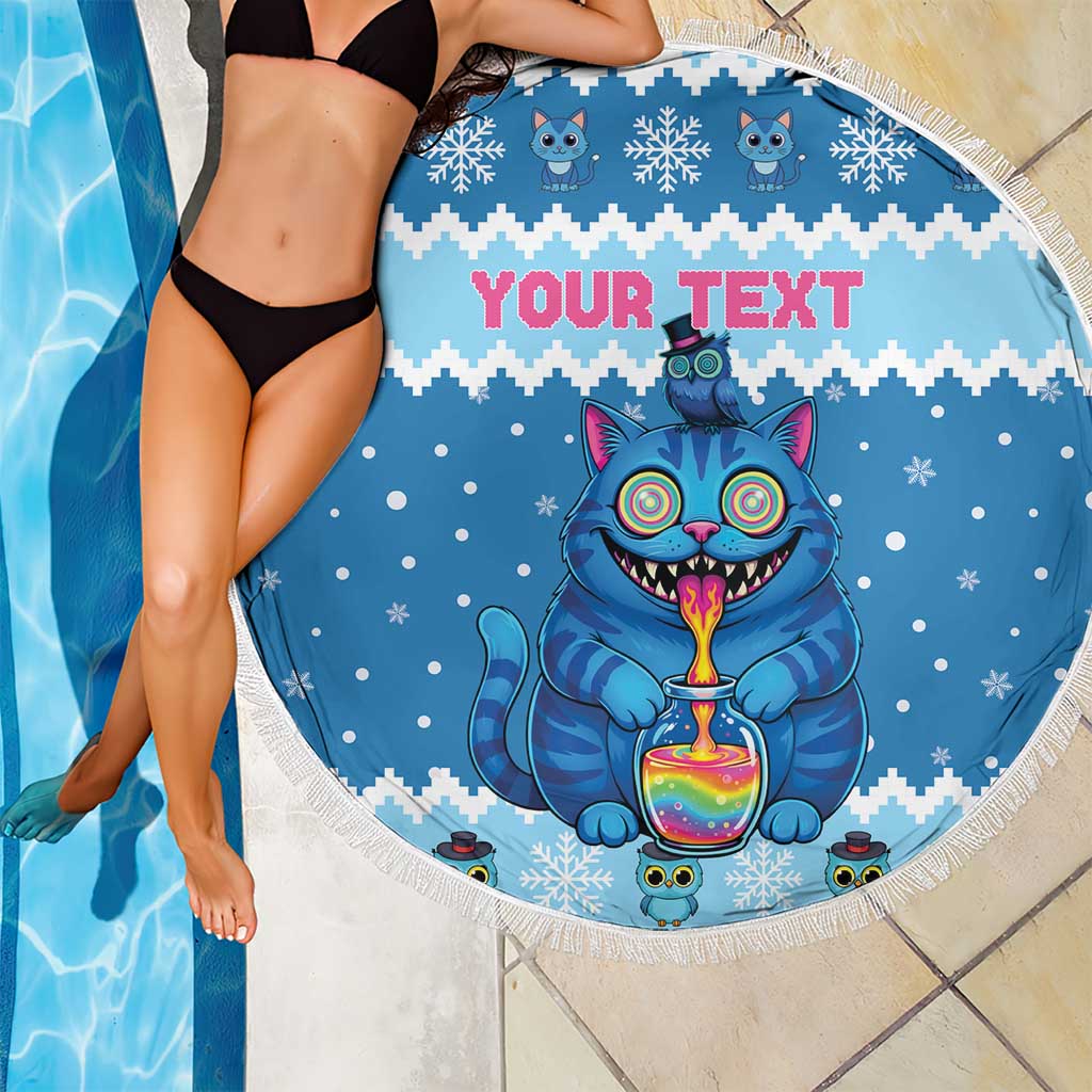 Personalized Trippy Catmas Beach Blanket Cute Blue Derpy Cat and Owl Companion - Wonder Print Shop