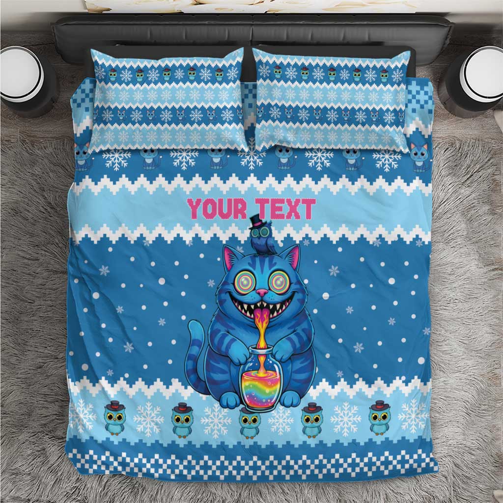 Personalized Trippy Catmas Bedding Set Cute Blue Derpy Cat and Owl Companion - Wonder Print Shop