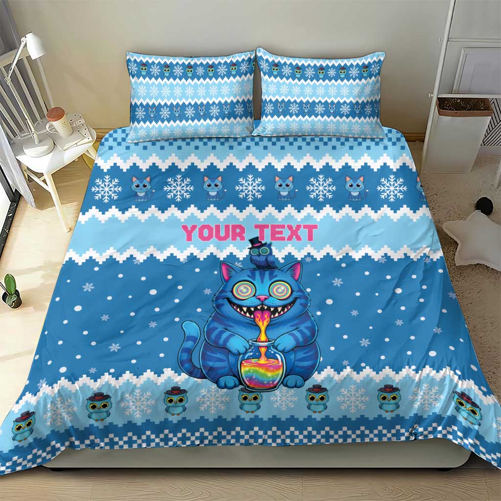 Personalized Trippy Catmas Bedding Set Cute Blue Derpy Cat and Owl Companion - Wonder Print Shop