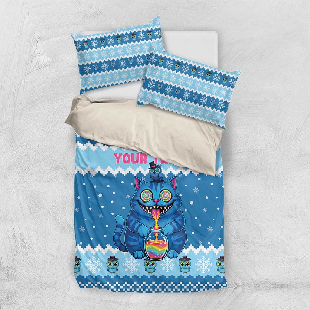 Personalized Trippy Catmas Bedding Set Cute Blue Derpy Cat and Owl Companion - Wonder Print Shop