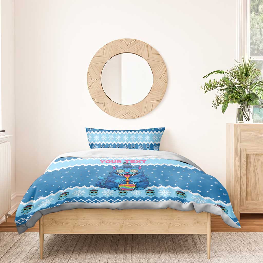 Personalized Trippy Catmas Bedding Set Cute Blue Derpy Cat and Owl Companion - Wonder Print Shop