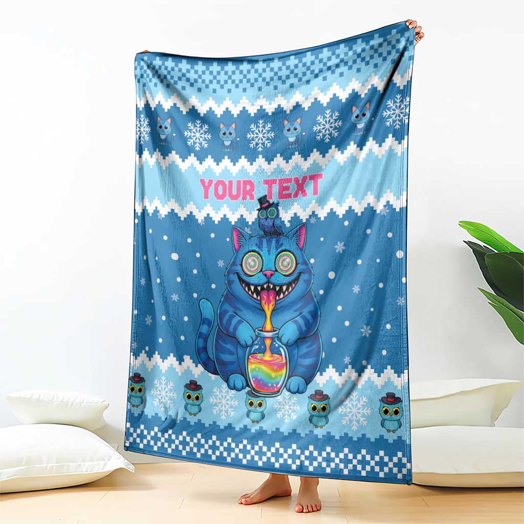 Personalized Trippy Catmas Blanket Cute Blue Derpy Cat and Owl Companion - Wonder Print Shop