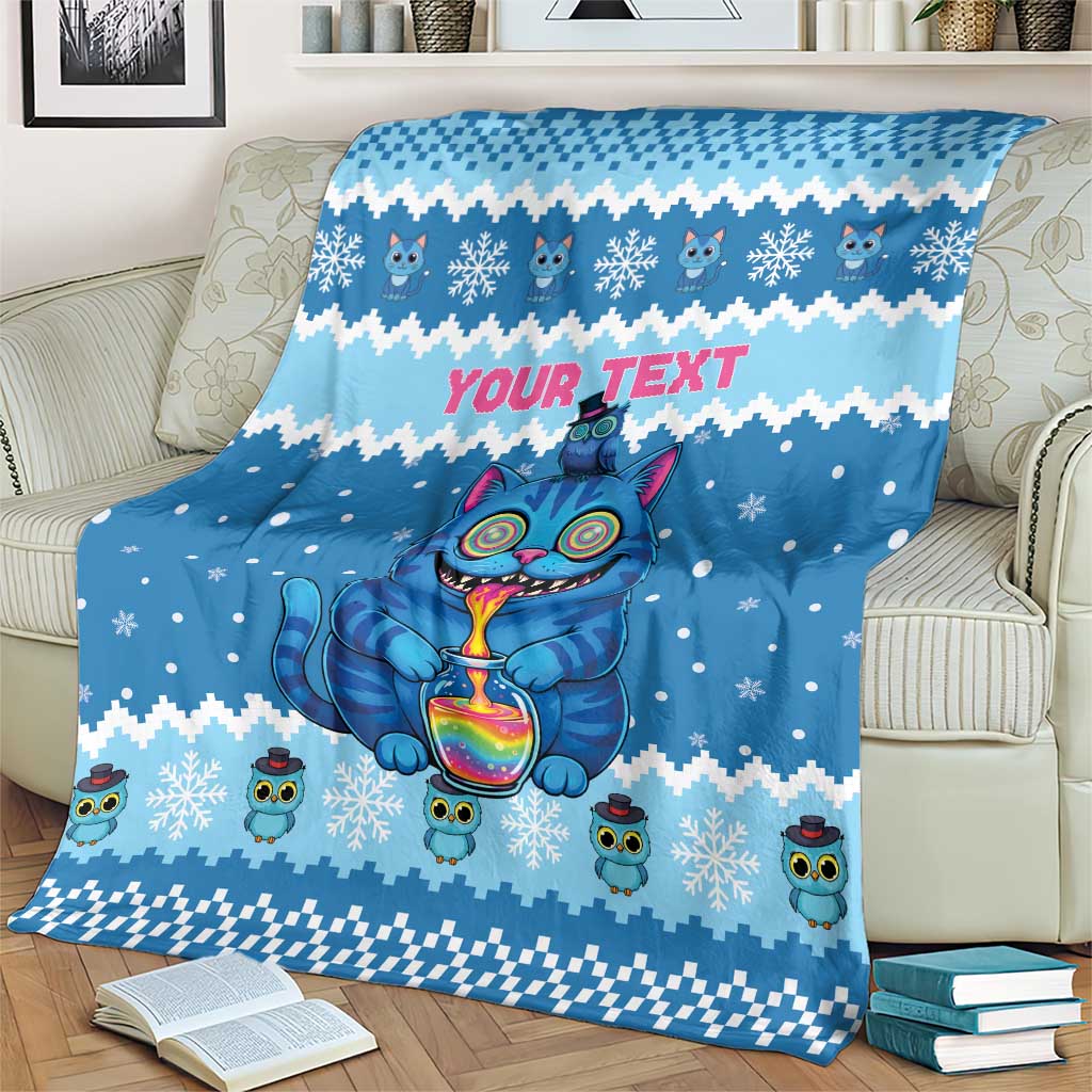 Personalized Trippy Catmas Blanket Cute Blue Derpy Cat and Owl Companion - Wonder Print Shop