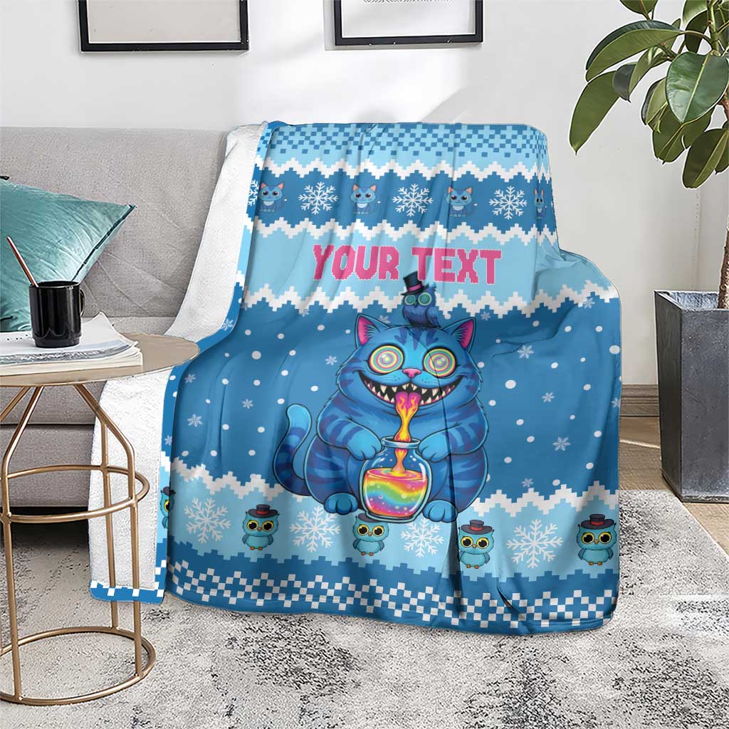 Personalized Trippy Catmas Blanket Cute Blue Derpy Cat and Owl Companion - Wonder Print Shop