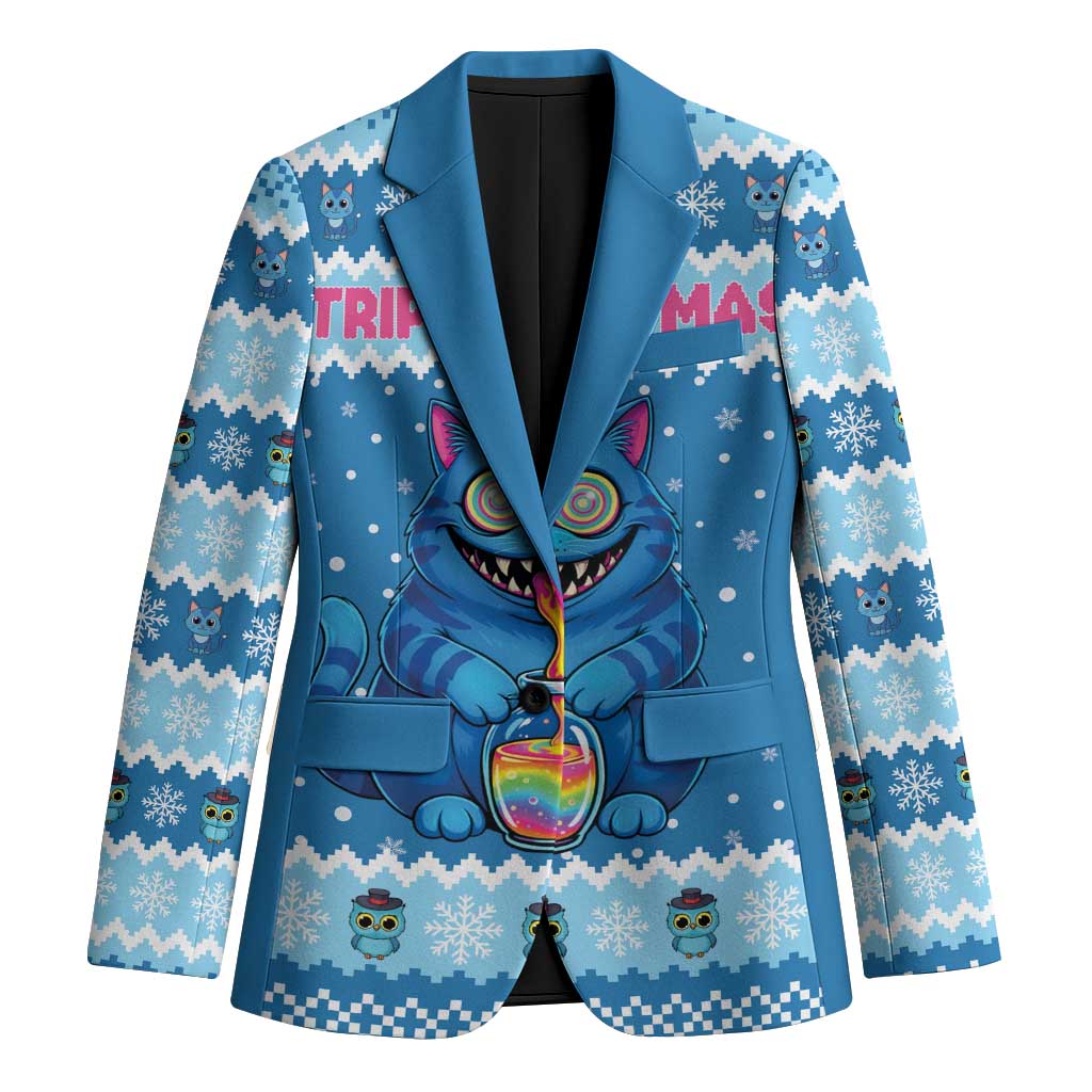Personalized Trippy Catmas Blazer Cute Blue Derpy Cat and Owl Companion - Wonder Print Shop
