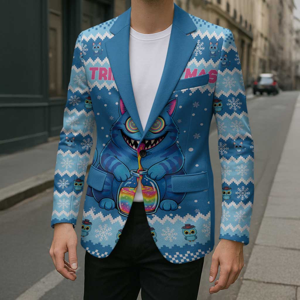 Personalized Trippy Catmas Blazer Cute Blue Derpy Cat and Owl Companion - Wonder Print Shop