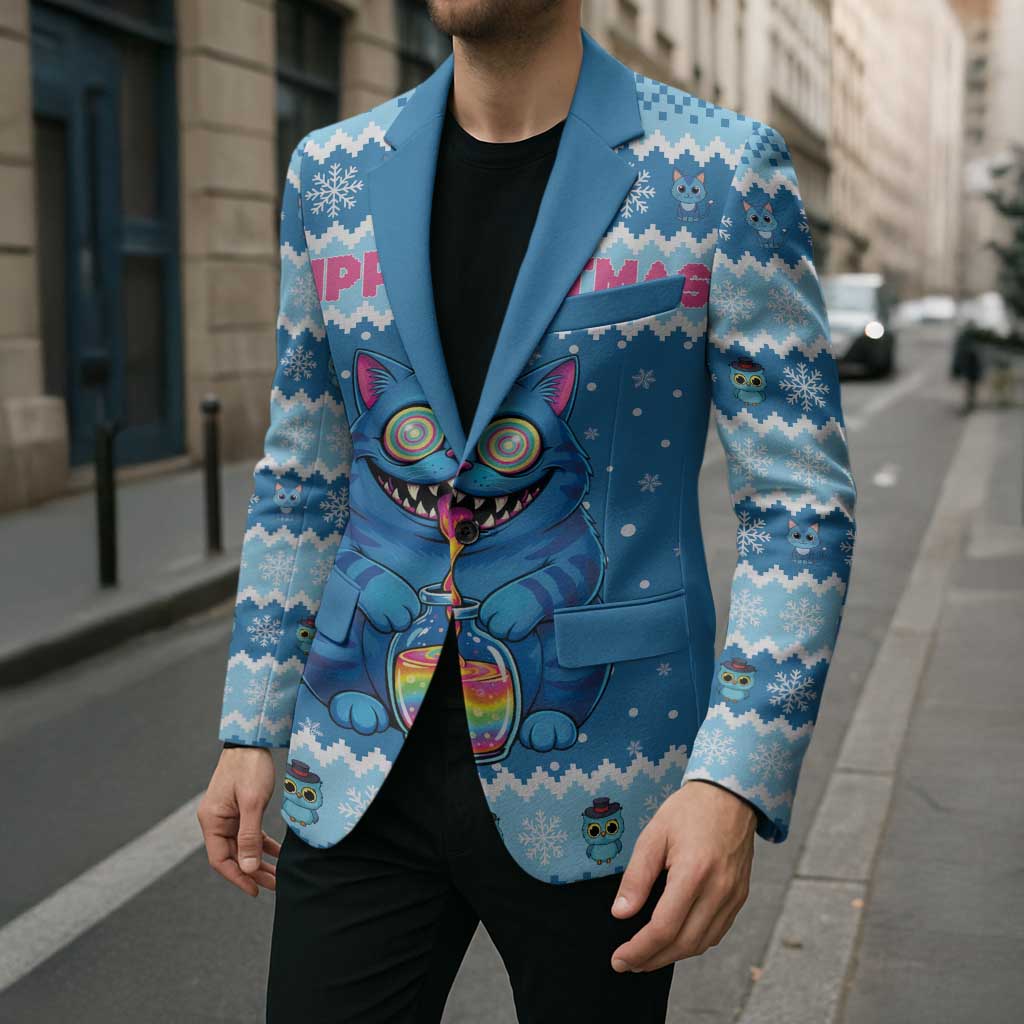 Personalized Trippy Catmas Blazer Cute Blue Derpy Cat and Owl Companion - Wonder Print Shop