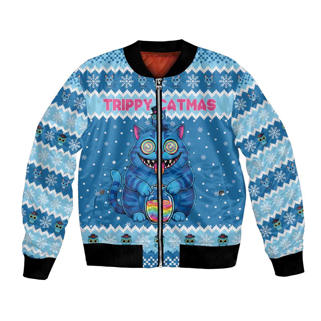 Personalized Trippy Catmas Bomber Jacket Cute Blue Derpy Cat and Owl Companion - Wonder Print Shop