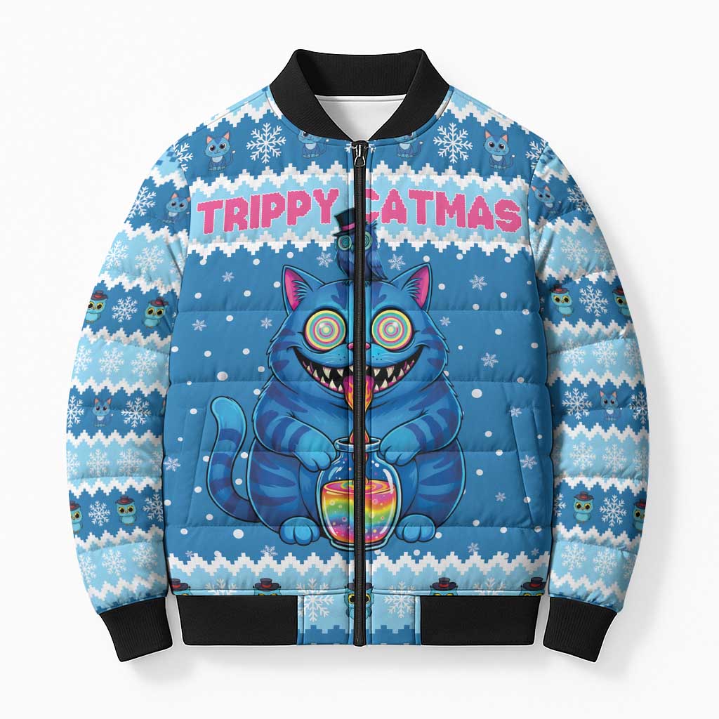 Personalized Trippy Catmas Bomber Puffer Jacket Cute Blue Derpy Cat and Owl Companion - Wonder Print Shop