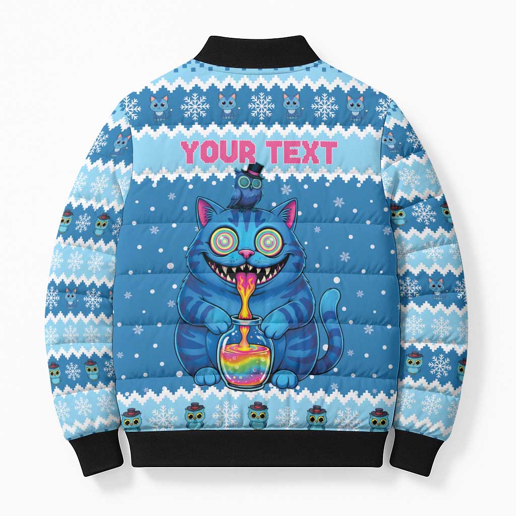 Personalized Trippy Catmas Bomber Puffer Jacket Cute Blue Derpy Cat and Owl Companion - Wonder Print Shop