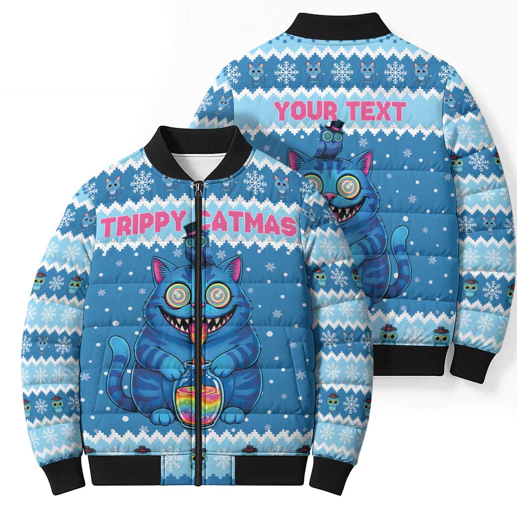 Personalized Trippy Catmas Bomber Puffer Jacket Cute Blue Derpy Cat and Owl Companion - Wonder Print Shop