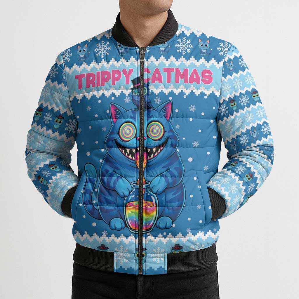 Personalized Trippy Catmas Bomber Puffer Jacket Cute Blue Derpy Cat and Owl Companion - Wonder Print Shop
