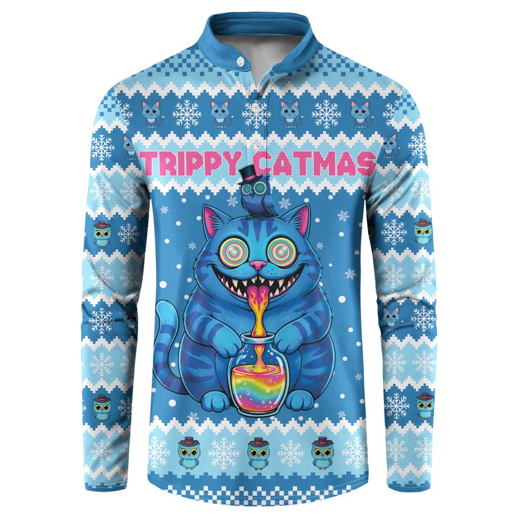 Personalized Trippy Catmas Button Sweatshirt Cute Blue Derpy Cat and Owl Companion - Wonder Print Shop