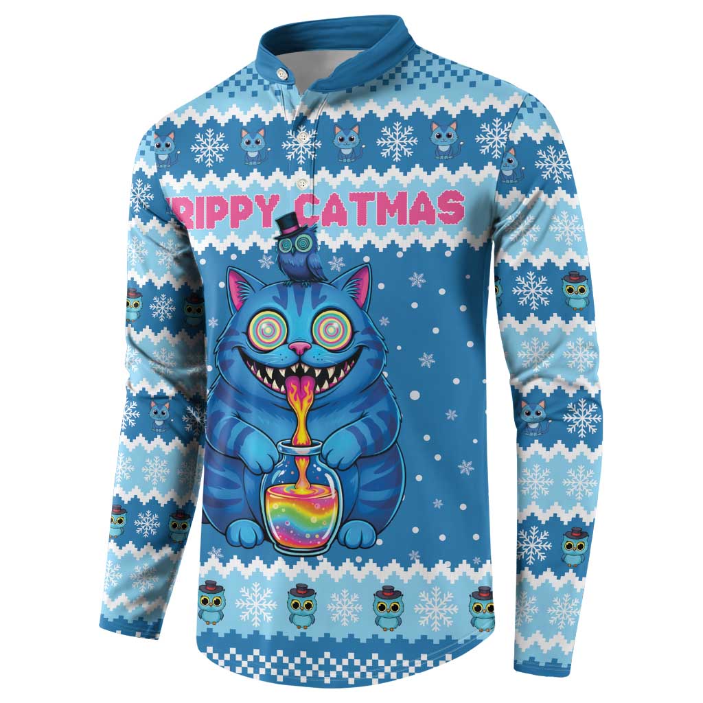 Personalized Trippy Catmas Button Sweatshirt Cute Blue Derpy Cat and Owl Companion - Wonder Print Shop
