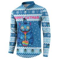 Personalized Trippy Catmas Button Sweatshirt Cute Blue Derpy Cat and Owl Companion - Wonder Print Shop