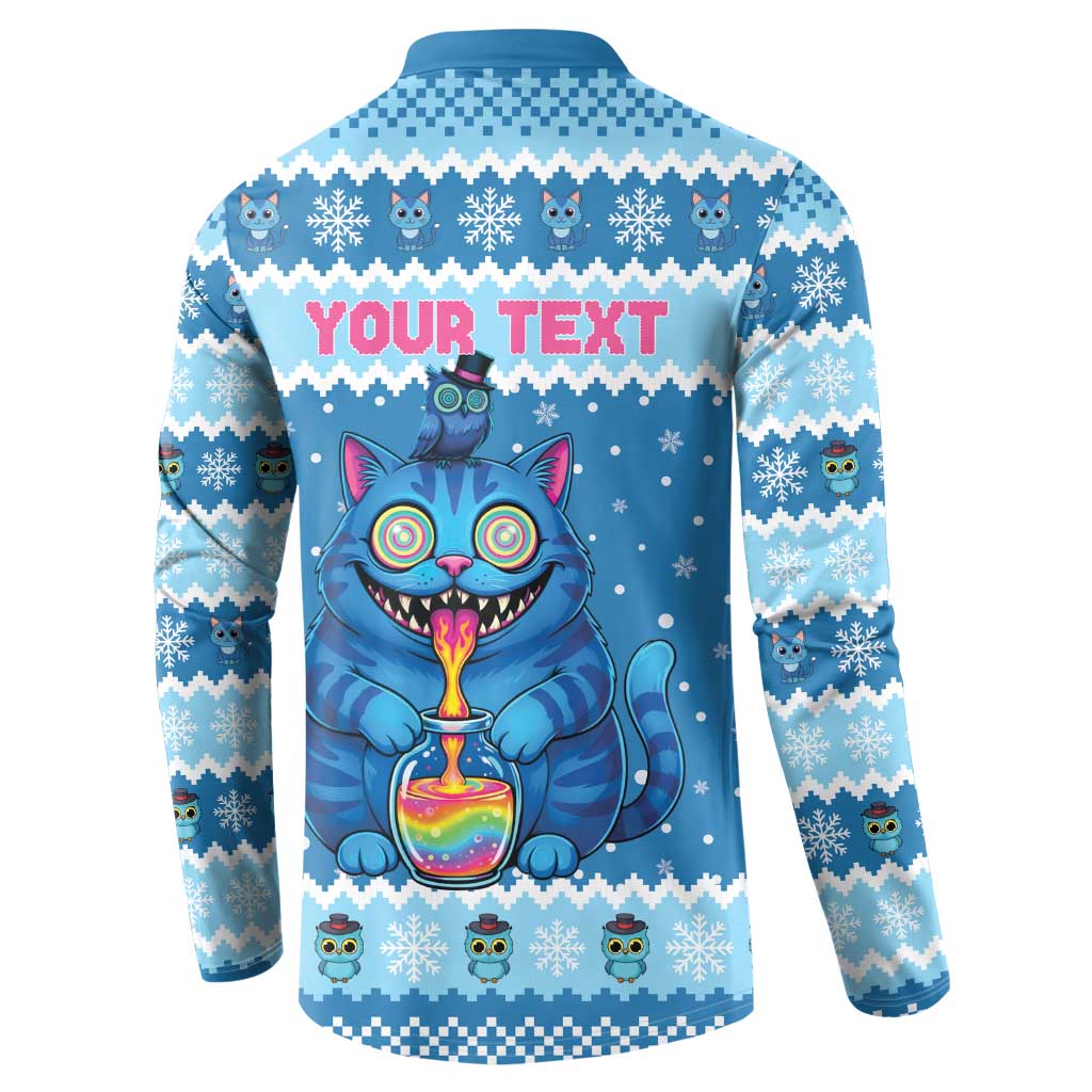 Personalized Trippy Catmas Button Sweatshirt Cute Blue Derpy Cat and Owl Companion - Wonder Print Shop