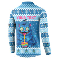 Personalized Trippy Catmas Button Sweatshirt Cute Blue Derpy Cat and Owl Companion - Wonder Print Shop