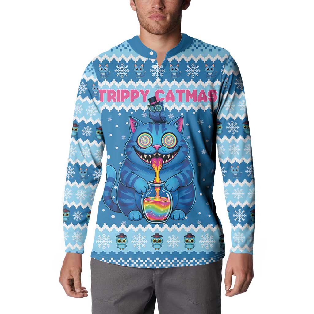 Personalized Trippy Catmas Button Sweatshirt Cute Blue Derpy Cat and Owl Companion - Wonder Print Shop