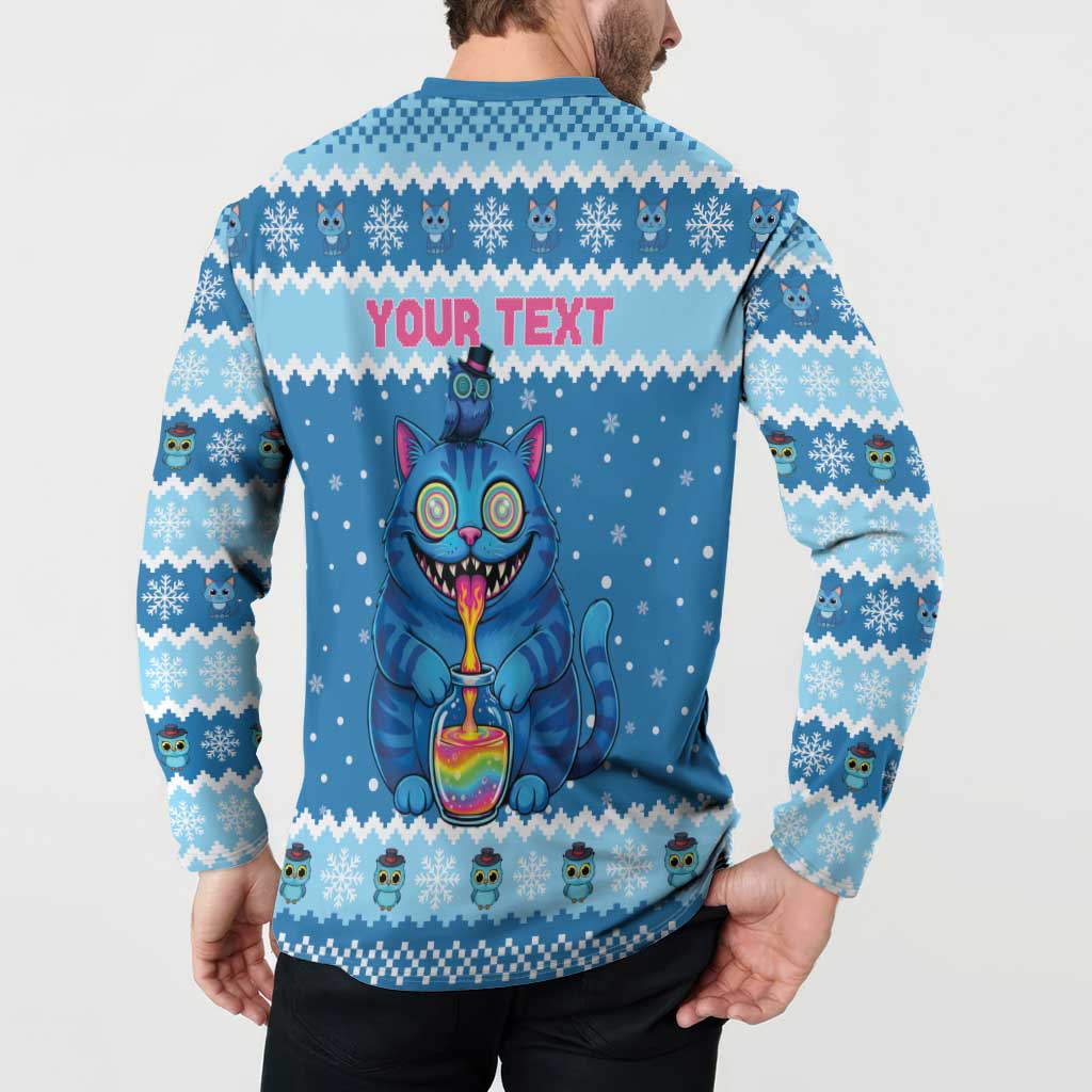 Personalized Trippy Catmas Button Sweatshirt Cute Blue Derpy Cat and Owl Companion - Wonder Print Shop