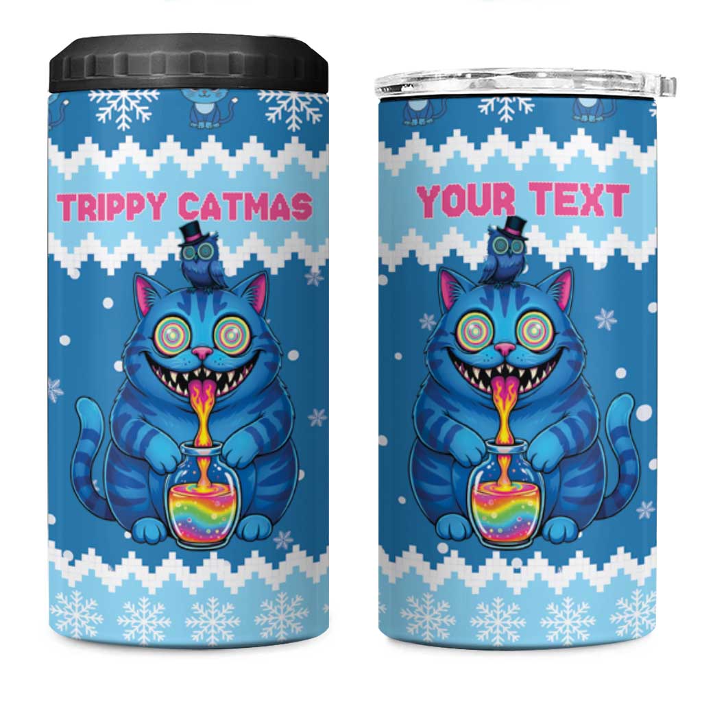 Personalized Trippy Catmas 4 in 1 Can Cooler Tumbler Cute Blue Derpy Cat and Owl Companion - Wonder Print Shop