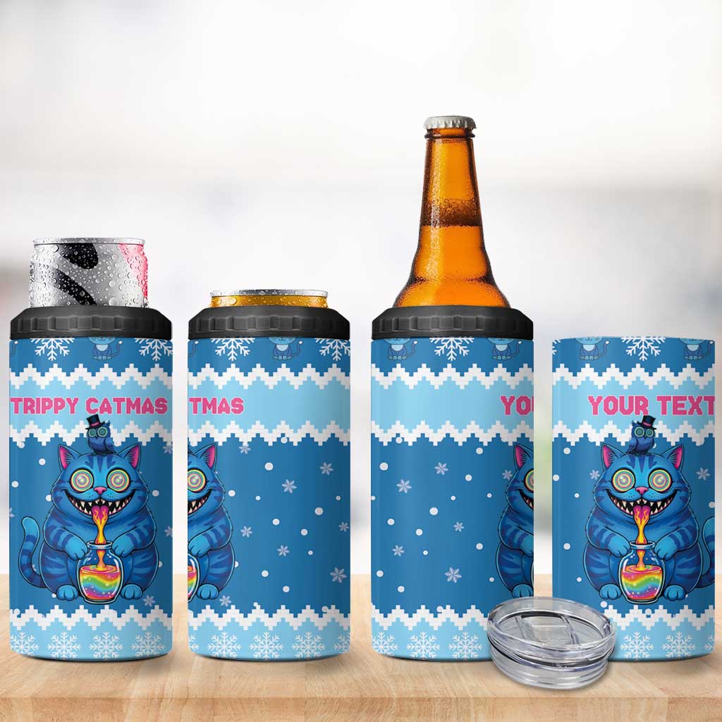 Personalized Trippy Catmas 4 in 1 Can Cooler Tumbler Cute Blue Derpy Cat and Owl Companion - Wonder Print Shop