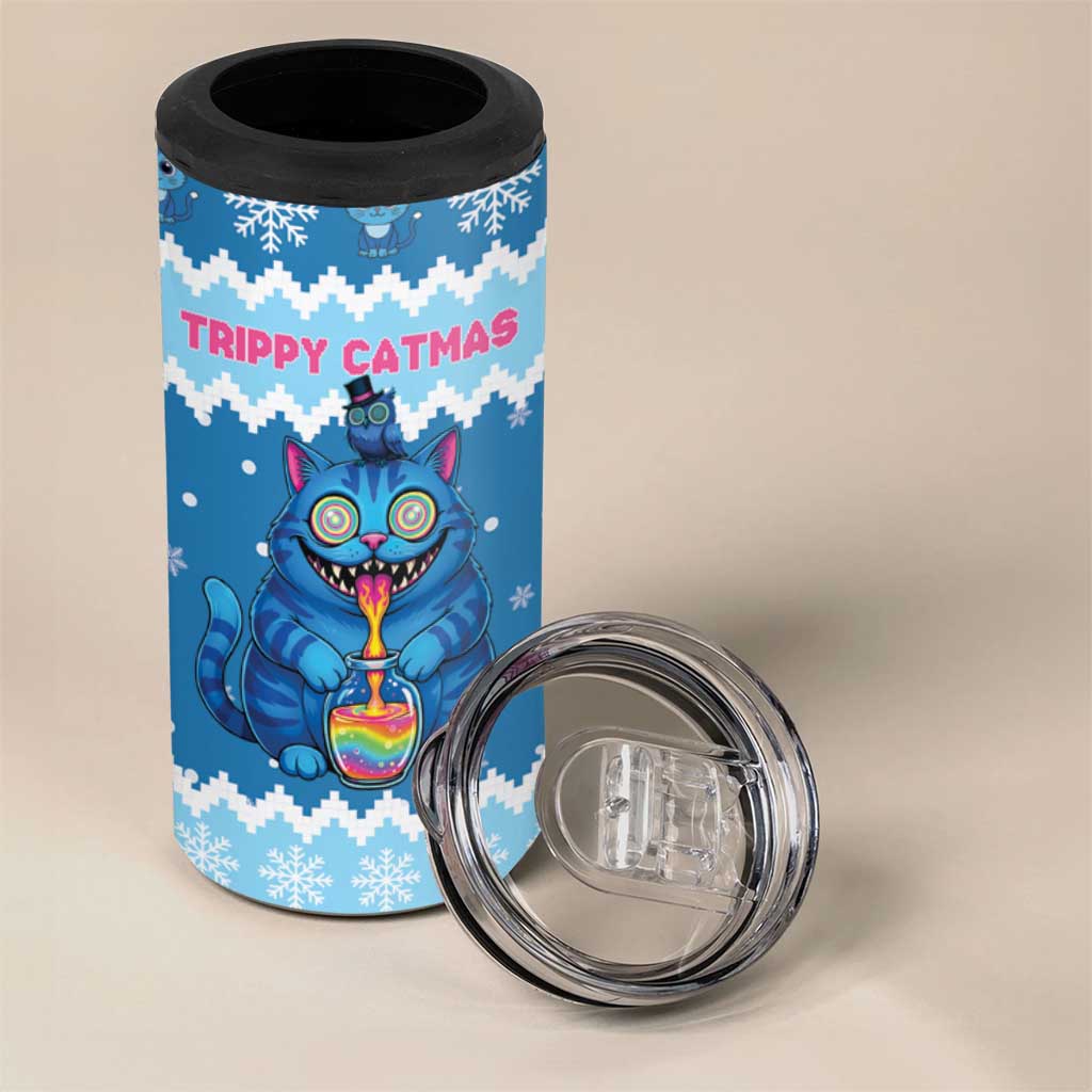 Personalized Trippy Catmas 4 in 1 Can Cooler Tumbler Cute Blue Derpy Cat and Owl Companion - Wonder Print Shop