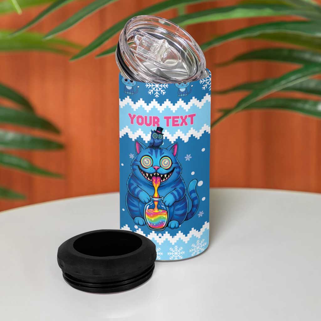 Personalized Trippy Catmas 4 in 1 Can Cooler Tumbler Cute Blue Derpy Cat and Owl Companion - Wonder Print Shop