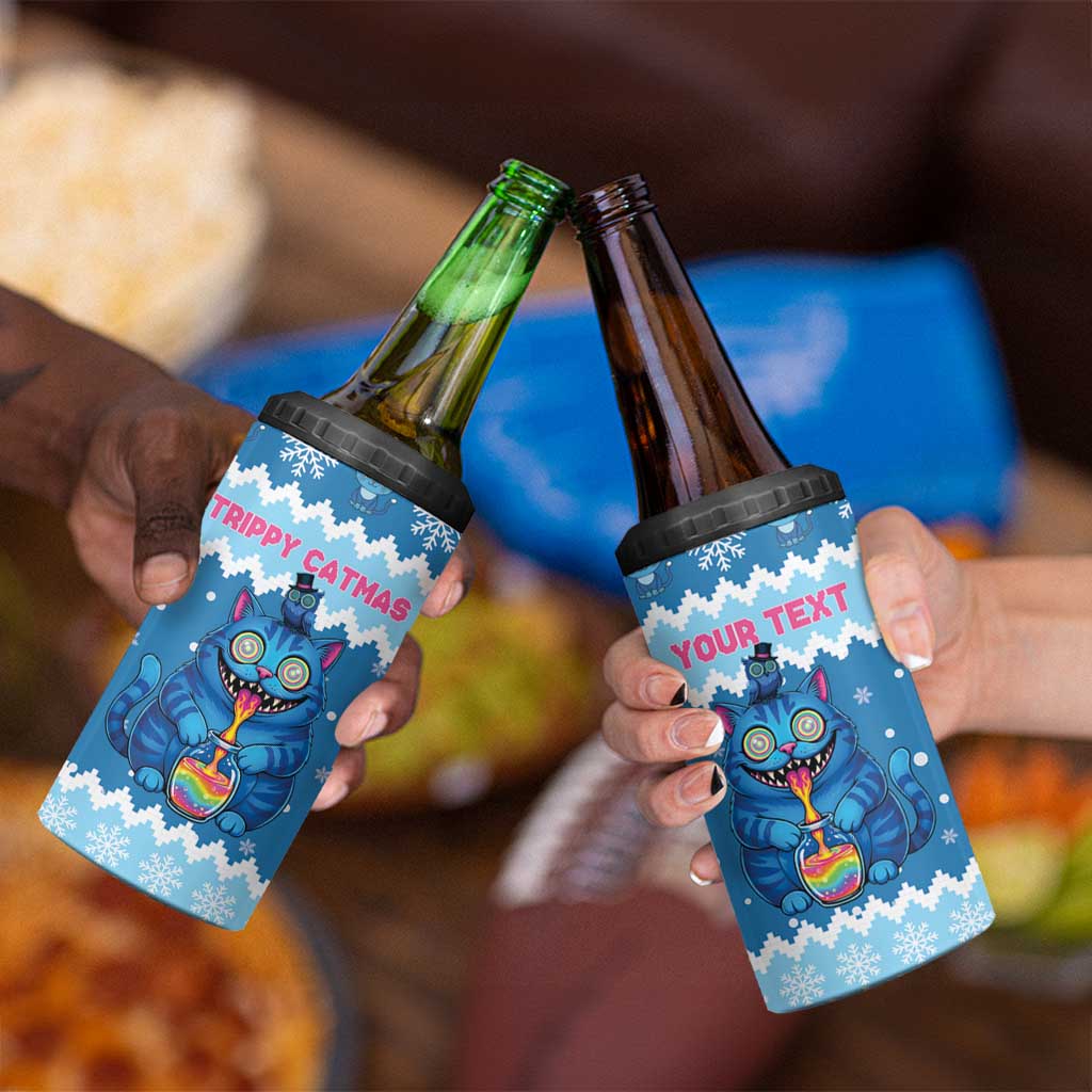 Personalized Trippy Catmas 4 in 1 Can Cooler Tumbler Cute Blue Derpy Cat and Owl Companion - Wonder Print Shop