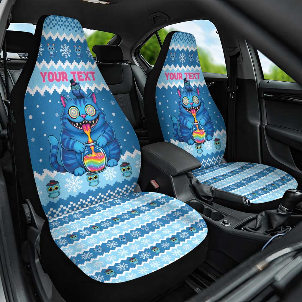 Personalized Trippy Catmas Car Seat Cover Cute Blue Derpy Cat and Owl Companion - Wonder Print Shop