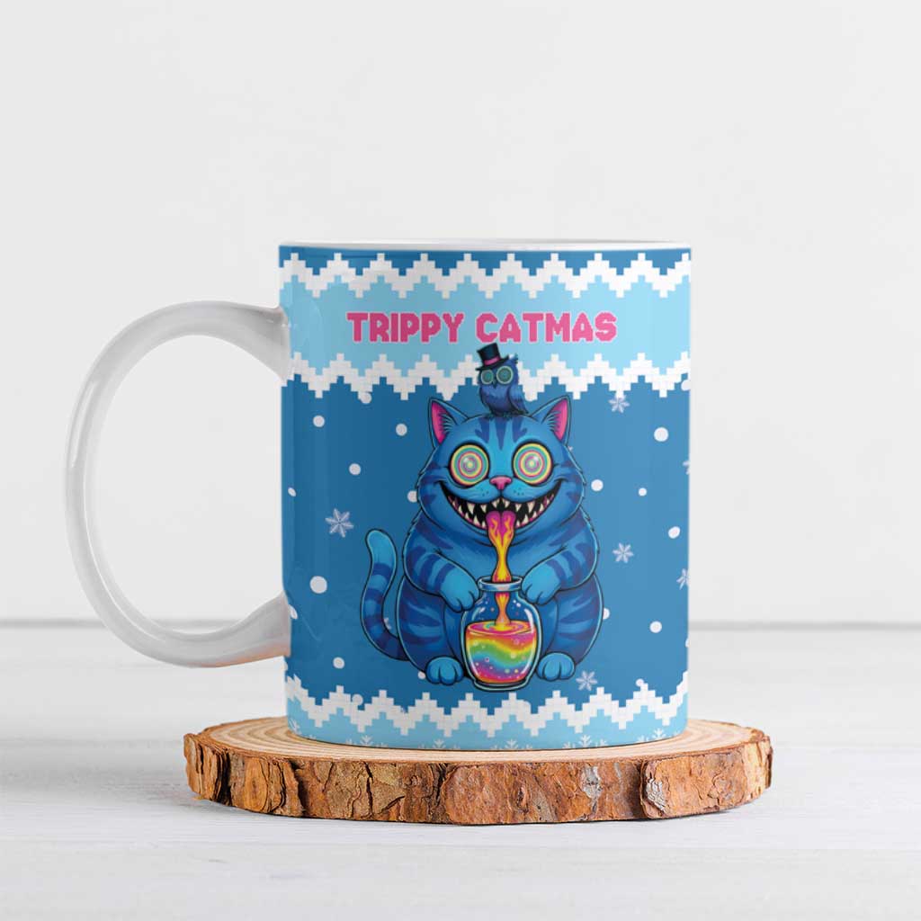 Personalized Trippy Catmas Ceramic Mug Cute Blue Derpy Cat and Owl Companion - Wonder Print Shop