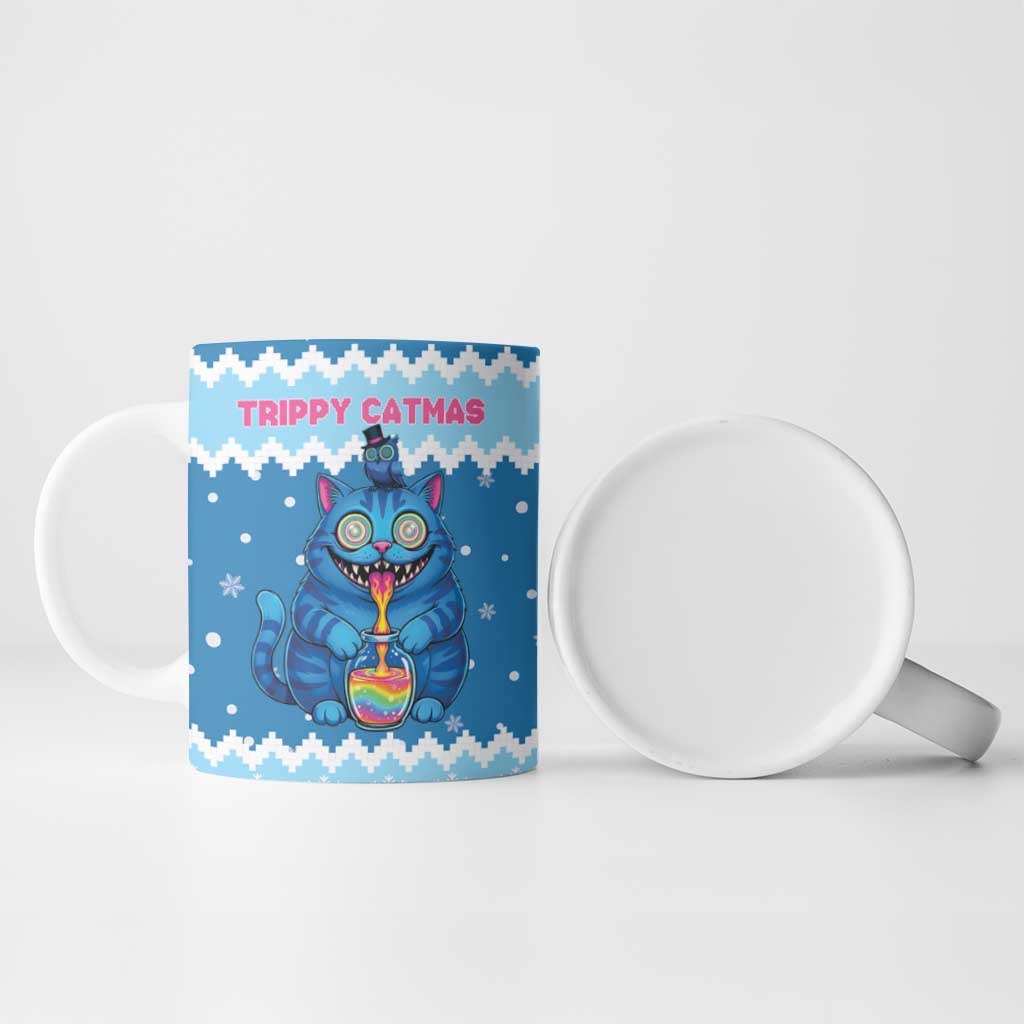 Personalized Trippy Catmas Ceramic Mug Cute Blue Derpy Cat and Owl Companion - Wonder Print Shop