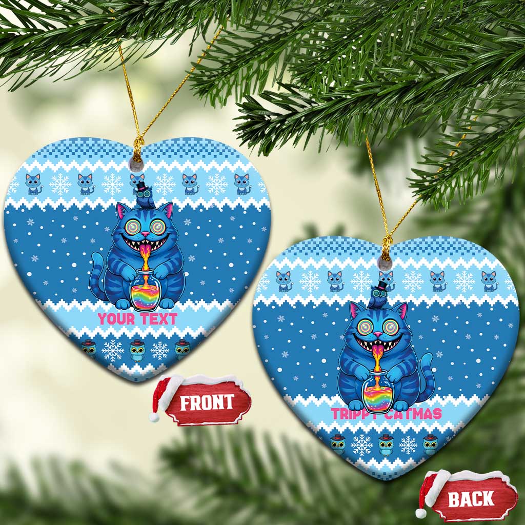 Personalized Trippy Catmas Ceramic Ornament Cute Blue Derpy Cat and Owl Companion - Wonder Print Shop