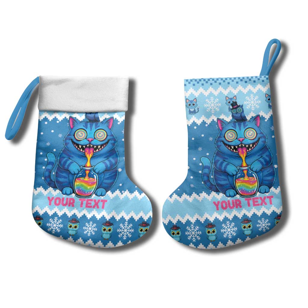 Personalized Trippy Catmas Christmas Stocking Cute Blue Derpy Cat and Owl Companion - Wonder Print Shop