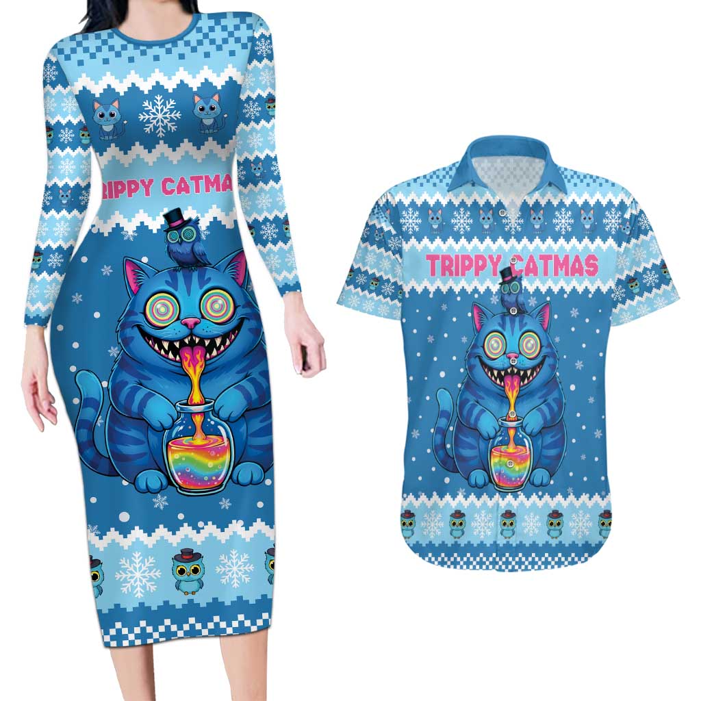Personalized Trippy Catmas Couples Matching Long Sleeve Bodycon Dress and Hawaiian Shirt Cute Blue Derpy Cat and Owl Companion - Wonder Print Shop
