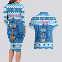 Personalized Trippy Catmas Couples Matching Long Sleeve Bodycon Dress and Hawaiian Shirt Cute Blue Derpy Cat and Owl Companion - Wonder Print Shop