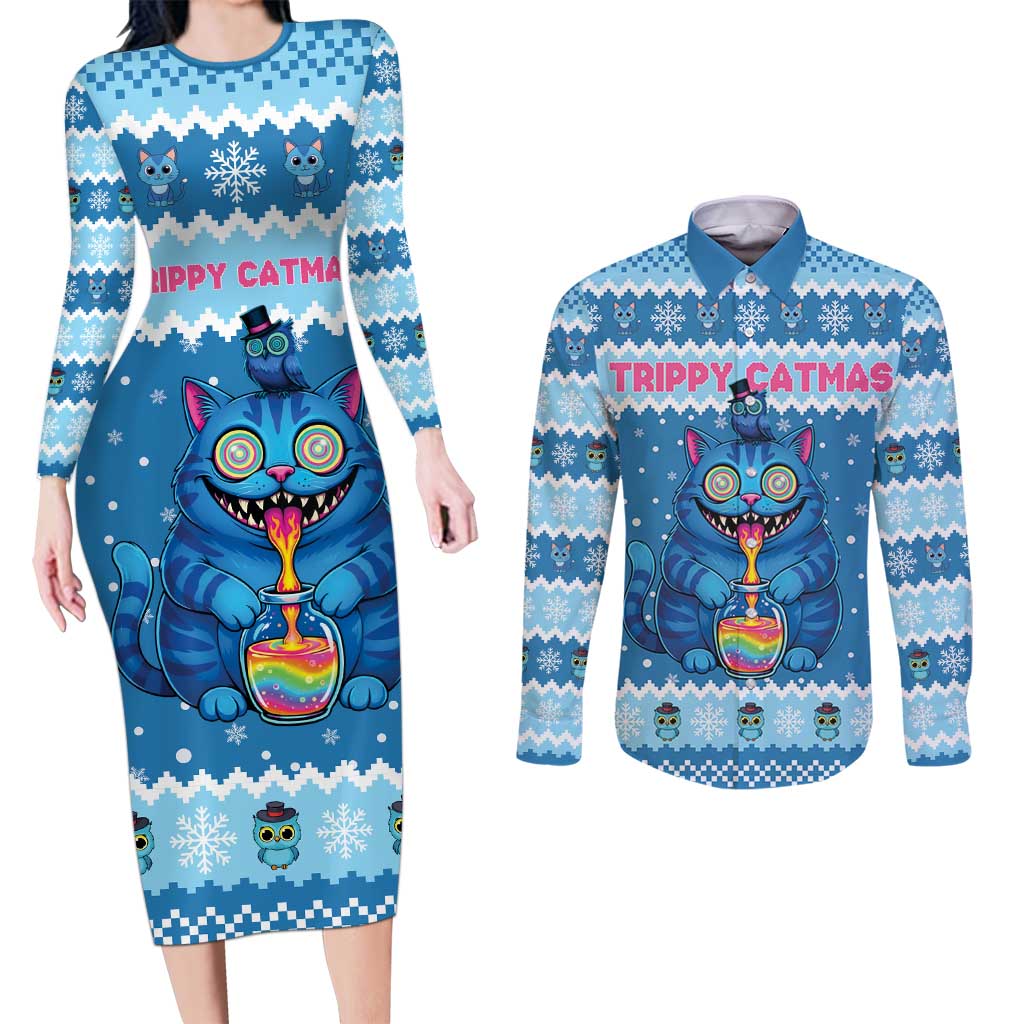 Personalized Trippy Catmas Couples Matching Long Sleeve Bodycon Dress and Long Sleeve Button Shirt Cute Blue Derpy Cat and Owl Companion - Wonder Print Shop