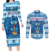 Personalized Trippy Catmas Couples Matching Long Sleeve Bodycon Dress and Long Sleeve Button Shirt Cute Blue Derpy Cat and Owl Companion - Wonder Print Shop