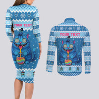 Personalized Trippy Catmas Couples Matching Long Sleeve Bodycon Dress and Long Sleeve Button Shirt Cute Blue Derpy Cat and Owl Companion - Wonder Print Shop