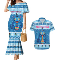 Personalized Trippy Catmas Couples Matching Mermaid Dress and Hawaiian Shirt Cute Blue Derpy Cat and Owl Companion - Wonder Print Shop