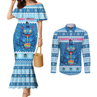 Personalized Trippy Catmas Couples Matching Mermaid Dress and Long Sleeve Button Shirt Cute Blue Derpy Cat and Owl Companion - Wonder Print Shop