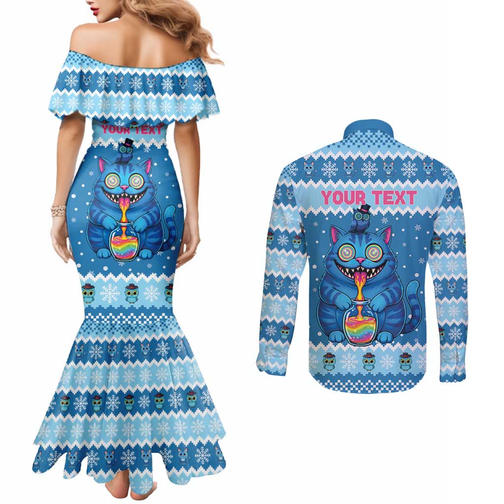 Personalized Trippy Catmas Couples Matching Mermaid Dress and Long Sleeve Button Shirt Cute Blue Derpy Cat and Owl Companion - Wonder Print Shop