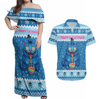 Personalized Trippy Catmas Couples Matching Off Shoulder Maxi Dress and Hawaiian Shirt Cute Blue Derpy Cat and Owl Companion - Wonder Print Shop