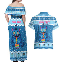 Personalized Trippy Catmas Couples Matching Off Shoulder Maxi Dress and Hawaiian Shirt Cute Blue Derpy Cat and Owl Companion - Wonder Print Shop