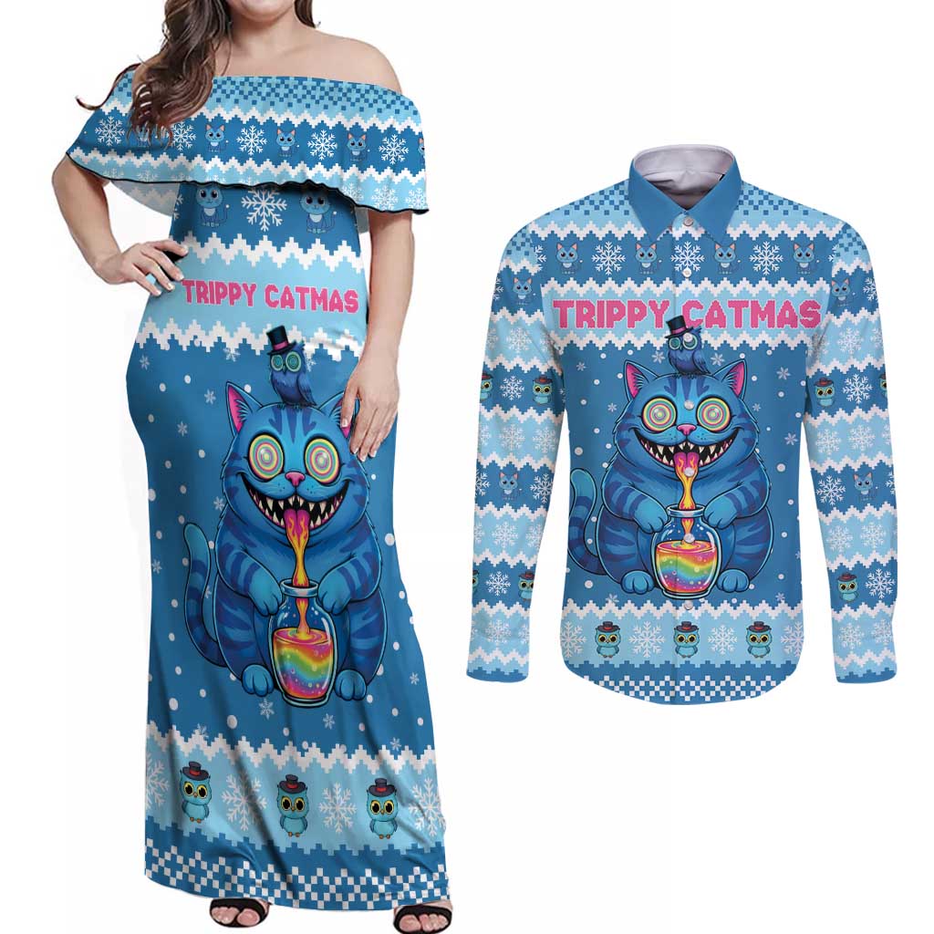 Personalized Trippy Catmas Couples Matching Off Shoulder Maxi Dress and Long Sleeve Button Shirt Cute Blue Derpy Cat and Owl Companion - Wonder Print Shop