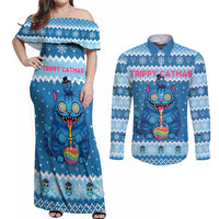 Personalized Trippy Catmas Couples Matching Off Shoulder Maxi Dress and Long Sleeve Button Shirt Cute Blue Derpy Cat and Owl Companion - Wonder Print Shop