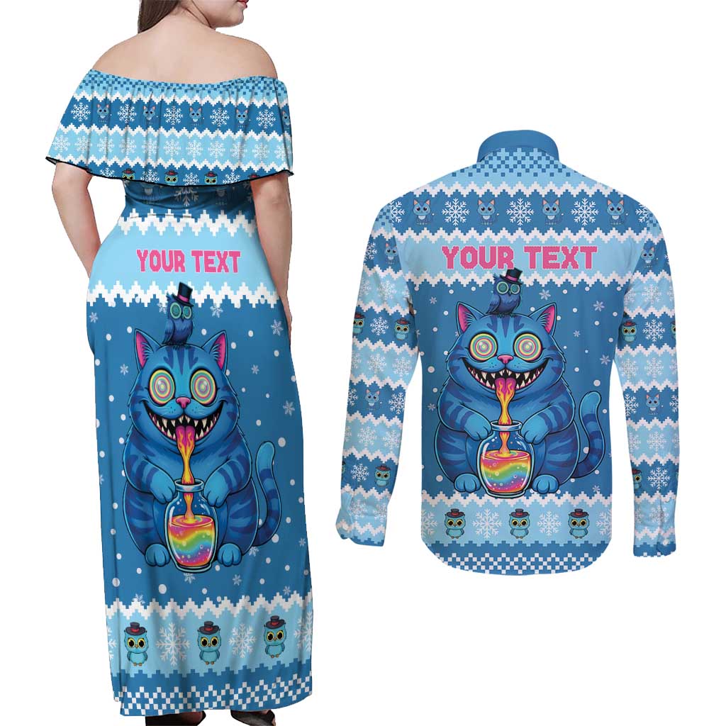 Personalized Trippy Catmas Couples Matching Off Shoulder Maxi Dress and Long Sleeve Button Shirt Cute Blue Derpy Cat and Owl Companion - Wonder Print Shop