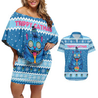 Personalized Trippy Catmas Couples Matching Off Shoulder Short Dress and Hawaiian Shirt Cute Blue Derpy Cat and Owl Companion - Wonder Print Shop